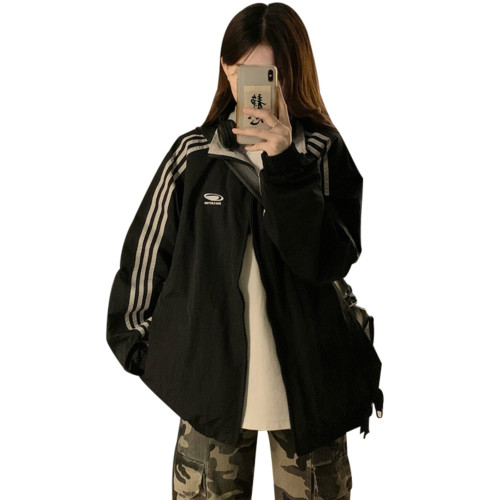 2025春秋新款正反兩面穿三條杠外套男女美式復古寬松情侶運動夾克 2025春秋新款正反兩面穿三條杠外套男女美式復古寬松情侶運動夾克