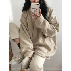 韓國chic春季復古小衆質感設計感燈芯絨外套寬松男朋友慵懶襯衫女