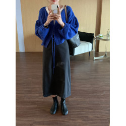 韓系復古克萊因藍麻花系帶針織開衫女春秋季慵嬾風燈籠袖毛衣外套