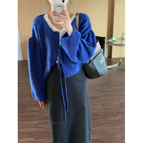 韓系復古克萊因藍麻花系帶針織開衫女春秋季慵嬾風燈籠袖毛衣外套