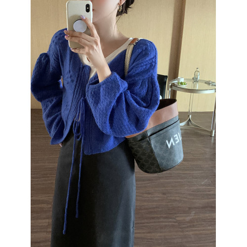 韓系復古克萊因藍麻花系帶針織開衫女春秋季慵嬾風燈籠袖毛衣外套