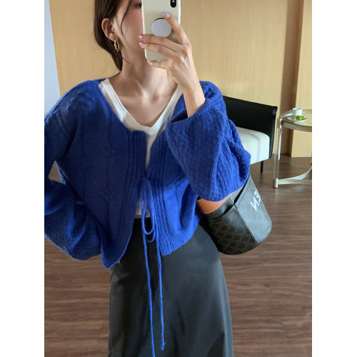 韓系復古克萊因藍麻花系帶針織開衫女春秋季慵嬾風燈籠袖毛衣外套