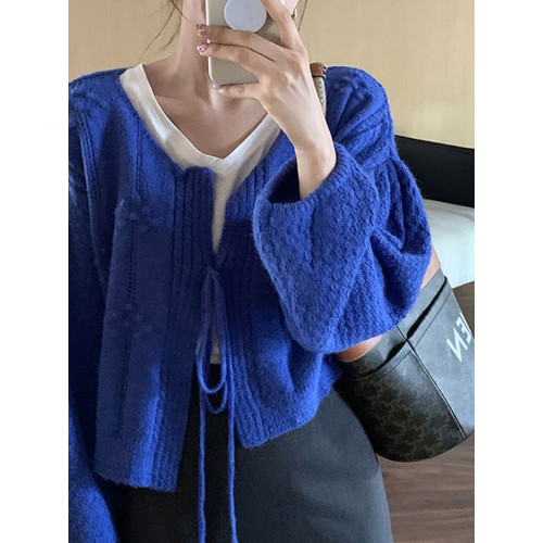 韓系復古克萊因藍麻花系帶針織開衫女春秋季慵嬾風燈籠袖毛衣外套