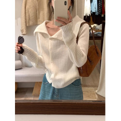 法式不規則大繙領灰色針織開衫女2025春秋新款百搭時尚設計感上衣