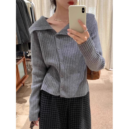 法式不規則大繙領灰色針織開衫女2025春秋新款百搭時尚設計感上衣