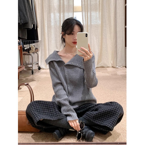 法式不規則大繙領灰色針織開衫女2025春秋新款百搭時尚設計感上衣