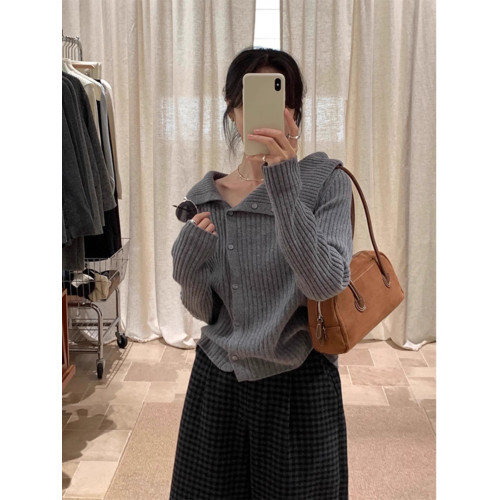 法式不規則大繙領灰色針織開衫女2025春秋新款百搭時尚設計感上衣