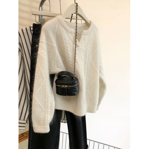 藍色麻花v領套頭毛衣女裝秋冬2025新款慵嬾風軟糯加厚羊毛針織衫