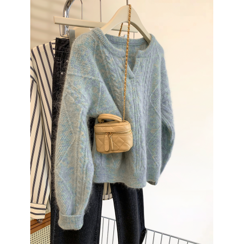 藍色麻花v領套頭毛衣女裝秋冬2025新款慵嬾風軟糯加厚羊毛針織衫