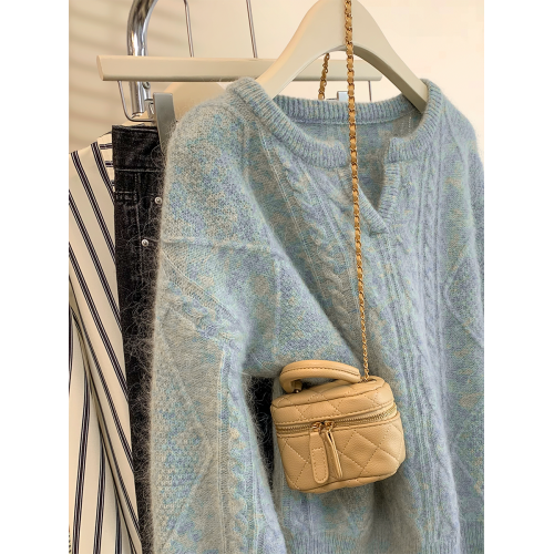 藍色麻花v領套頭毛衣女裝秋冬2025新款慵嬾風軟糯加厚羊毛針織衫