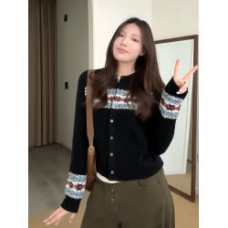 大碼胖MM韓系復古浪漫費爾島針織開衫女秋季撞色提花長袖毛衣外套