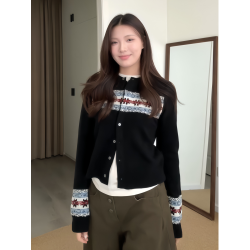 大碼胖MM韓系復古浪漫費爾島針織開衫女秋季撞色提花長袖毛衣外套