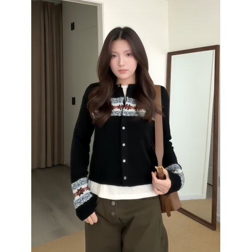 大碼胖MM韓系復古浪漫費爾島針織開衫女秋季撞色提花長袖毛衣外套