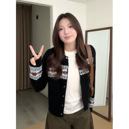 大碼胖MM韓系復古浪漫費爾島針織開衫女秋季撞色提花長袖毛衣外套