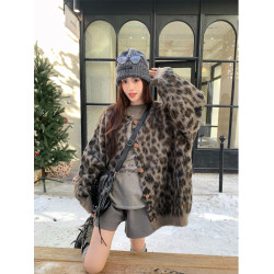 秋冬高級感超好看豹紋毛衣開衫外套大碼女裝胖mm慵嬾風針織衫上衣