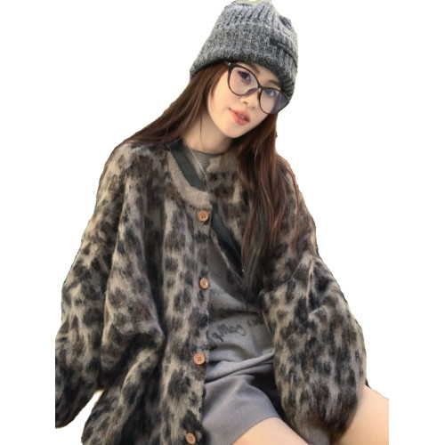 秋冬高級感超好看豹紋毛衣開衫外套大碼女裝胖mm慵嬾風針織衫上衣