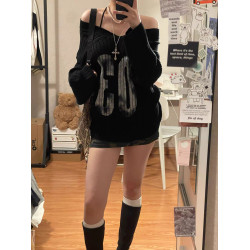 美式辣妹數字印花V領黑色針織毛衣女秋冬復古寬鬆慵嬾露肩設計感