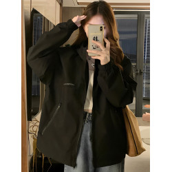 新款黑色沖鋒衣外套女秋冬款寬松休閒百搭秋季加絨加厚夾克上衣潮