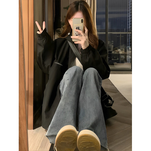 新款黑色沖鋒衣外套女秋冬款寬松休閒百搭秋季加絨加厚夾克上衣潮 新款黑色沖鋒衣外套女秋冬款寬松休閒百搭秋季加絨加厚夾克上衣潮