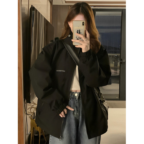 新款黑色沖鋒衣外套女秋冬款寬松休閒百搭秋季加絨加厚夾克上衣潮 新款黑色沖鋒衣外套女秋冬款寬松休閒百搭秋季加絨加厚夾克上衣潮