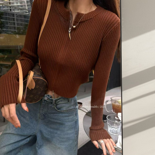 2025秋季新款美式洋氣復古短款修身百搭氣質雙拉鍊針織小衫