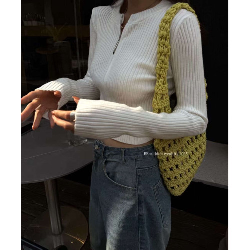 2025秋季新款美式洋氣復古短款修身百搭氣質雙拉鍊針織小衫