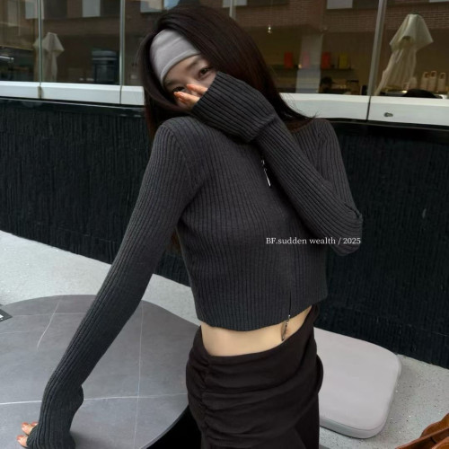 2025秋季新款美式洋氣復古短款修身百搭氣質雙拉鍊針織小衫