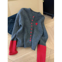 高級感超好看撞色針織開衫外套女秋冬季內搭上衣軟糯獨特灰色毛衣