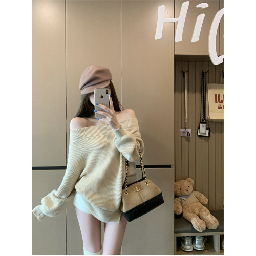 kumikumi純欲風性感氣質一字肩長袖毛衣女裝秋冬寬鬆百搭休閒上衣