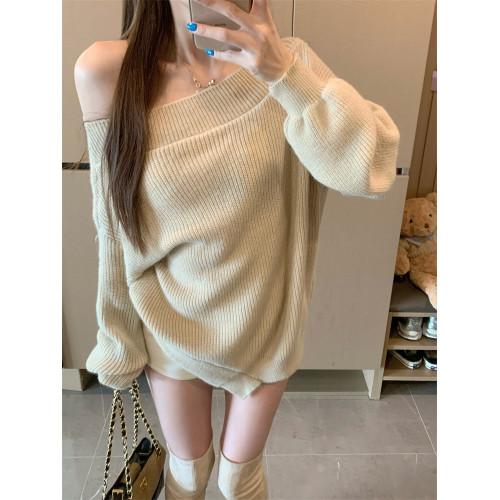 kumikumi純欲風性感氣質一字肩長袖毛衣女裝秋冬寬鬆百搭休閒上衣