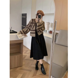 Mmao復古撞色毛呢外套女短款2025秋冬新款寬松針織毛衣開衫加厚