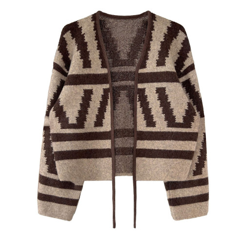 Mmao復古撞色毛呢外套女短款2025秋冬新款寬松針織毛衣開衫加厚