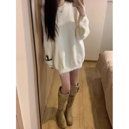 秋冬寬松長袖加厚軟糯白色毛衣女慵懶風休閒圓領馬海毛針織衫上衣