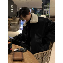 高級感PU皮羽絨服男士冬季加厚潮牌痞帥短款羊羔毛絨棉衣棉服外套