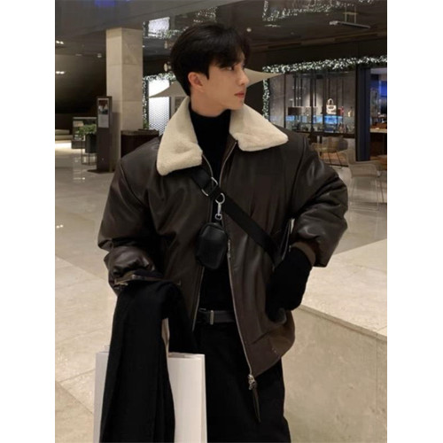 高級感PU皮羽絨服男士冬季加厚潮牌痞帥短款羊羔毛絨棉衣棉服外套 高級感PU皮羽絨服男士冬季加厚潮牌痞帥短款羊羔毛絨棉衣棉服外套