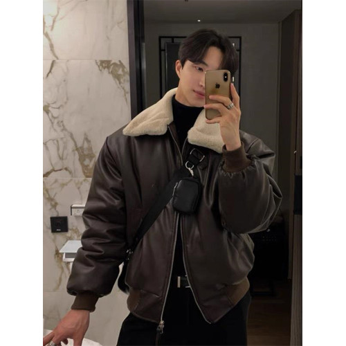 高級感PU皮羽絨服男士冬季加厚潮牌痞帥短款羊羔毛絨棉衣棉服外套 高級感PU皮羽絨服男士冬季加厚潮牌痞帥短款羊羔毛絨棉衣棉服外套