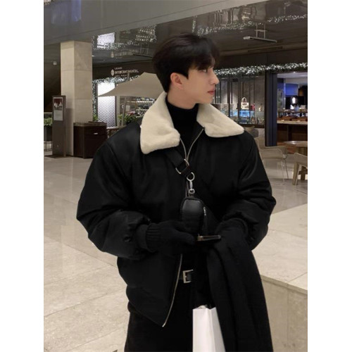 高級感PU皮羽絨服男士冬季加厚潮牌痞帥短款羊羔毛絨棉衣棉服外套 高級感PU皮羽絨服男士冬季加厚潮牌痞帥短款羊羔毛絨棉衣棉服外套