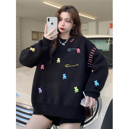 大碼女裝2024秋冬新款韓版寬松慵懶風套頭毛衣女設計感針織衫上衣