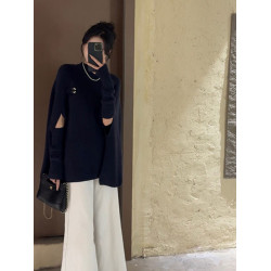 今年流行漂亮法式不規則半高領鬭篷毛衣女秋冬季慵懶風針織衫上衣
