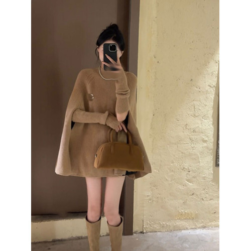 今年流行漂亮法式不規則半高領鬭篷毛衣女秋冬季慵懶風針織衫上衣