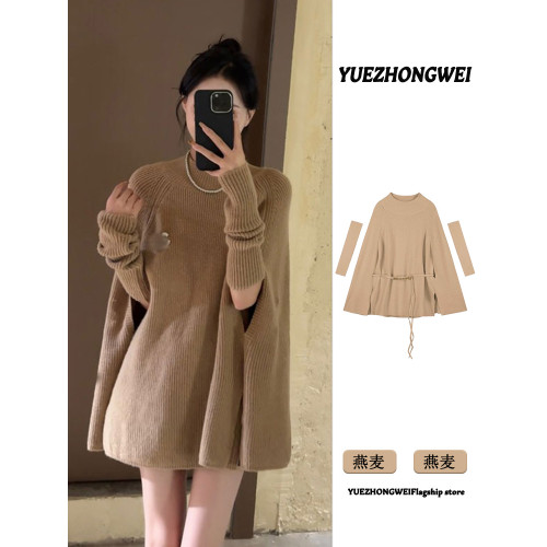 今年流行漂亮法式不規則半高領鬭篷毛衣女秋冬季慵懶風針織衫上衣