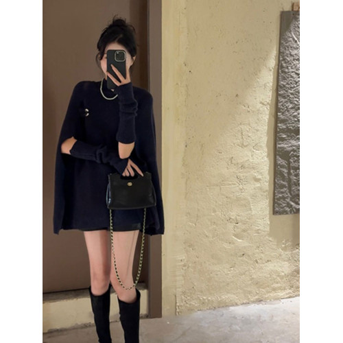 今年流行漂亮法式不規則半高領鬭篷毛衣女秋冬季慵懶風針織衫上衣