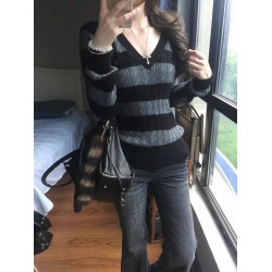 美式復古條紋針織衫女早秋麻花v領毛衣高級感修身顯瘦辣妹上衣潮