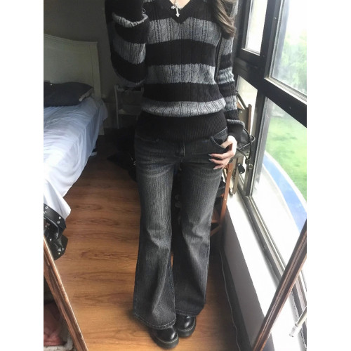 美式復古條紋針織衫女早秋麻花v領毛衣高級感修身顯瘦辣妹上衣潮