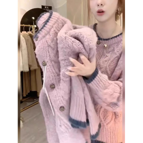 歐貨漂亮撞色麻花浣熊絨毛衣外套女2025秋冬寬松粉色針織開衫上衣