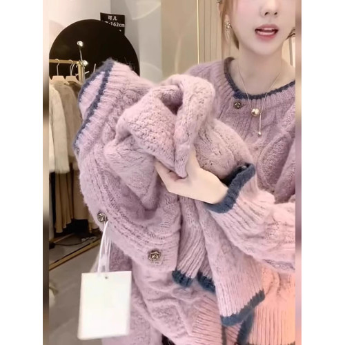 歐貨漂亮撞色麻花浣熊絨毛衣外套女2025秋冬寬松粉色針織開衫上衣