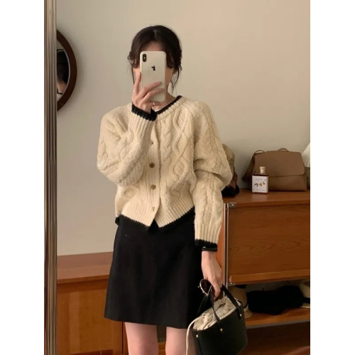 歐貨漂亮撞色麻花浣熊絨毛衣外套女2025秋冬寬松粉色針織開衫上衣