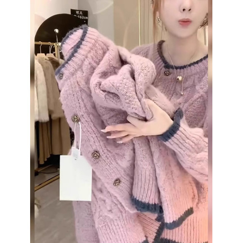 歐貨漂亮撞色麻花浣熊絨毛衣外套女2025秋冬寬松粉色針織開衫上衣