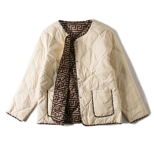 2025秋冬新款菱形復古無領輕薄羽絨服女短款拼色小香風圓領外套 2025秋冬新款菱形復古無領輕薄羽絨服女短款拼色小香風圓領外套