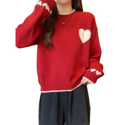 圓領套頭愛心刺綉慵懶風加絨加厚毛衣女秋冬大碼遮肚顯瘦針織上衣